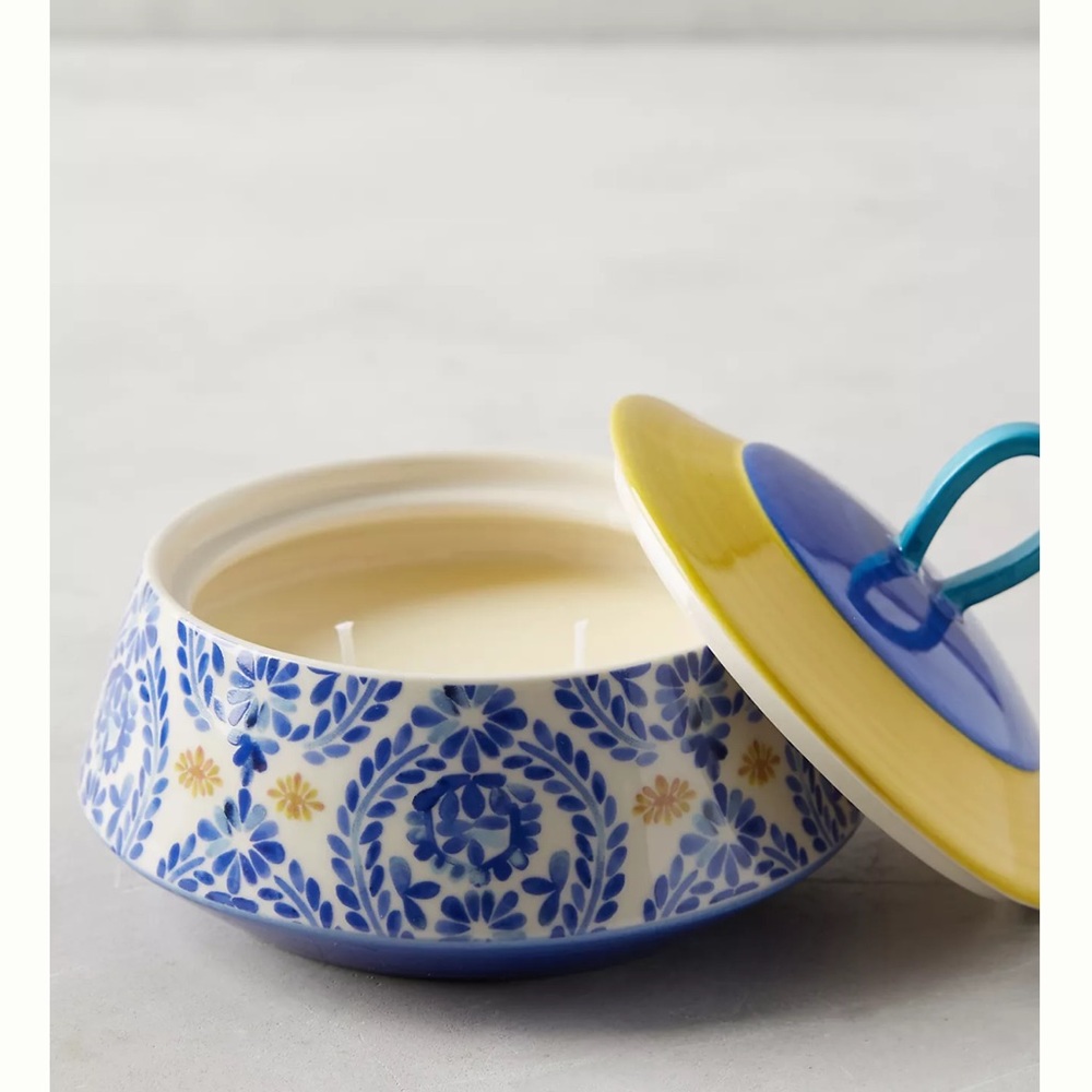 Anthropologie Blue & Gold Floral Ceramic candle EMPTY Container. ♻️No candle♻️
